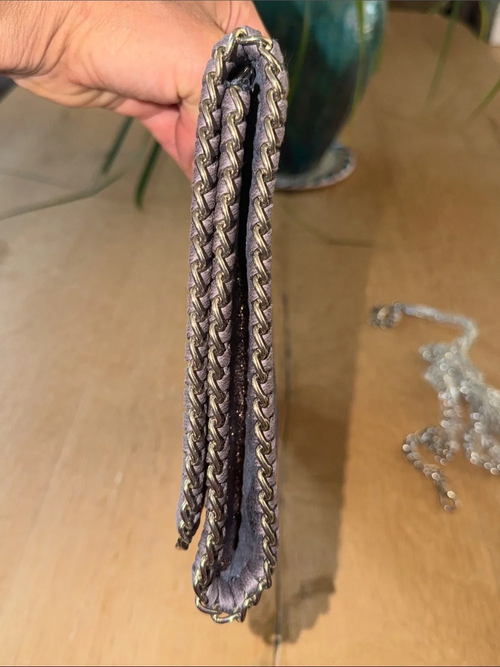 Phaser Purplish Gray Metallic Leather Crossbody Clutch with Chain Trim